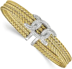 JewelryWeb 8.5mm 925 Sterling Silver Polished Flexible Gold tone CZ Simulated Diamond Woven Cuff Stackable Bangle-Cuff Bracelet for Women