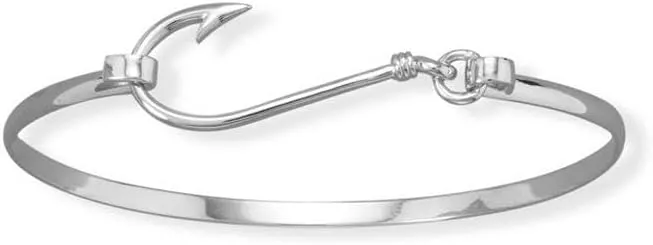JewelryWeb 925 Sterling Silver Rhodium Plated Animal Sealife Fish Hook Bangle is 3mm Wide Slightly Domed Cuff Bracelet for Women