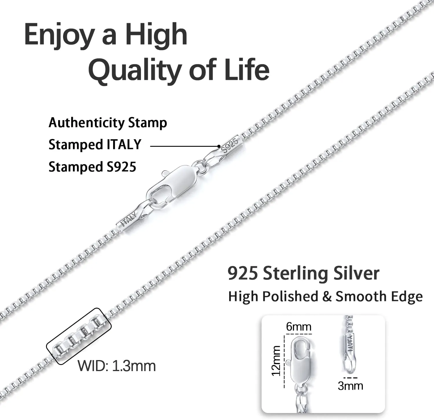 Jewlpire Italian Soild 22K Real Gold Over 925 Sterling Silver Chain Necklace for Women, 1.3mm Hypoallergenic Box Chain Thin & Sturdy Women's Chain Necklaces 14/16/18/20/22/24/26 Inch