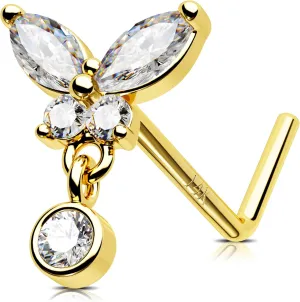 Jewseen 14K Gold Nose Rings 20g L Shaped Nose Stud Dangle Nose Piercing Jewelry Butterfly Nostril Ring for Women