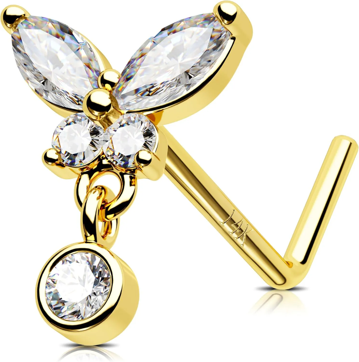 Jewseen 14K Gold Nose Rings 20g L Shaped Nose Stud Dangle Nose Piercing Jewelry Butterfly Nostril Ring for Women