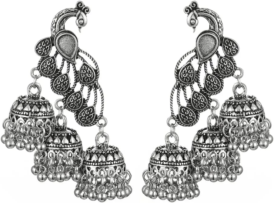 Jhumka Tassel Drop Earrings Indian Ethnic Vintage Earring Peacock Statement Oxidized Antique Traditional Jhumki Earring for Women Party Festival Boho Bohemian Bollywood Indian Jewelry Gift