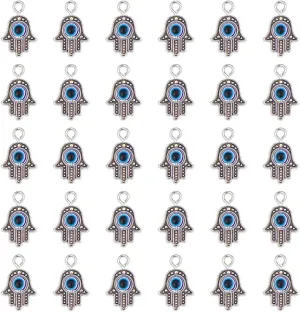 JIALEEY 30PCS Antique Silver Hamsa Hand Evil Eye Bead of Fatima Symbol Charms Hamsa Hand Beads Frame Charms for Jewelry Making Findings DIY Necklace Bracelet