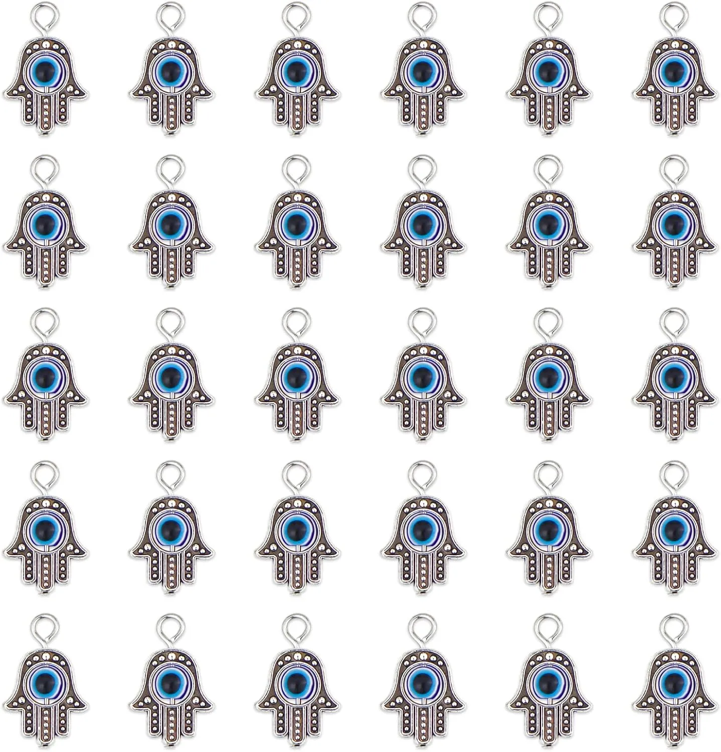 JIALEEY 30PCS Antique Silver Hamsa Hand Evil Eye Bead of Fatima Symbol Charms Hamsa Hand Beads Frame Charms for Jewelry Making Findings DIY Necklace Bracelet