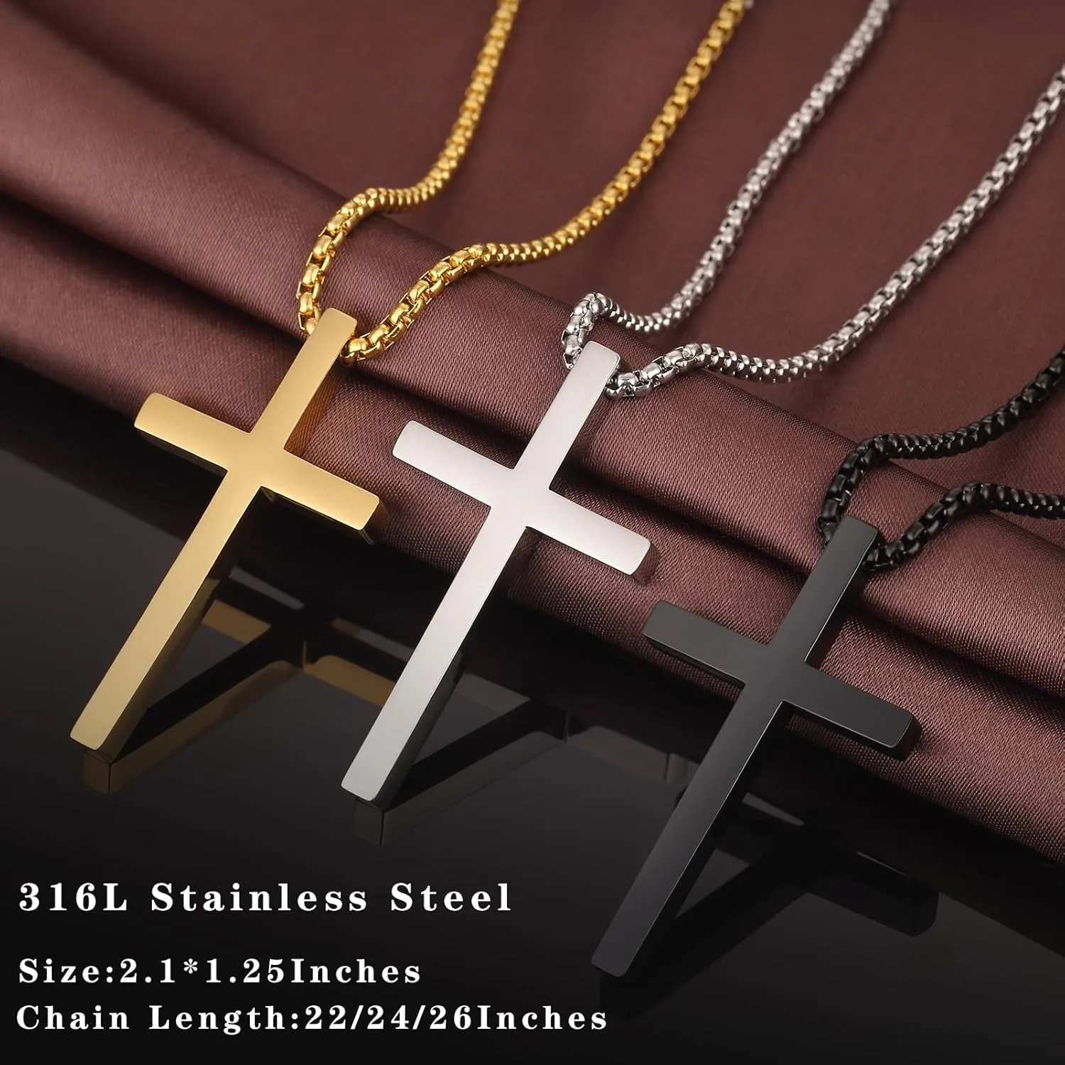 jiamiaoi Cross Necklace for Men Surgical Steel Mens Cross Necklace 316L Stainless Steel Cross Pendant Necklace in Color Silver/Black/Gold, Nickel Free Steel Cross Necklaces Chain 22In-26In