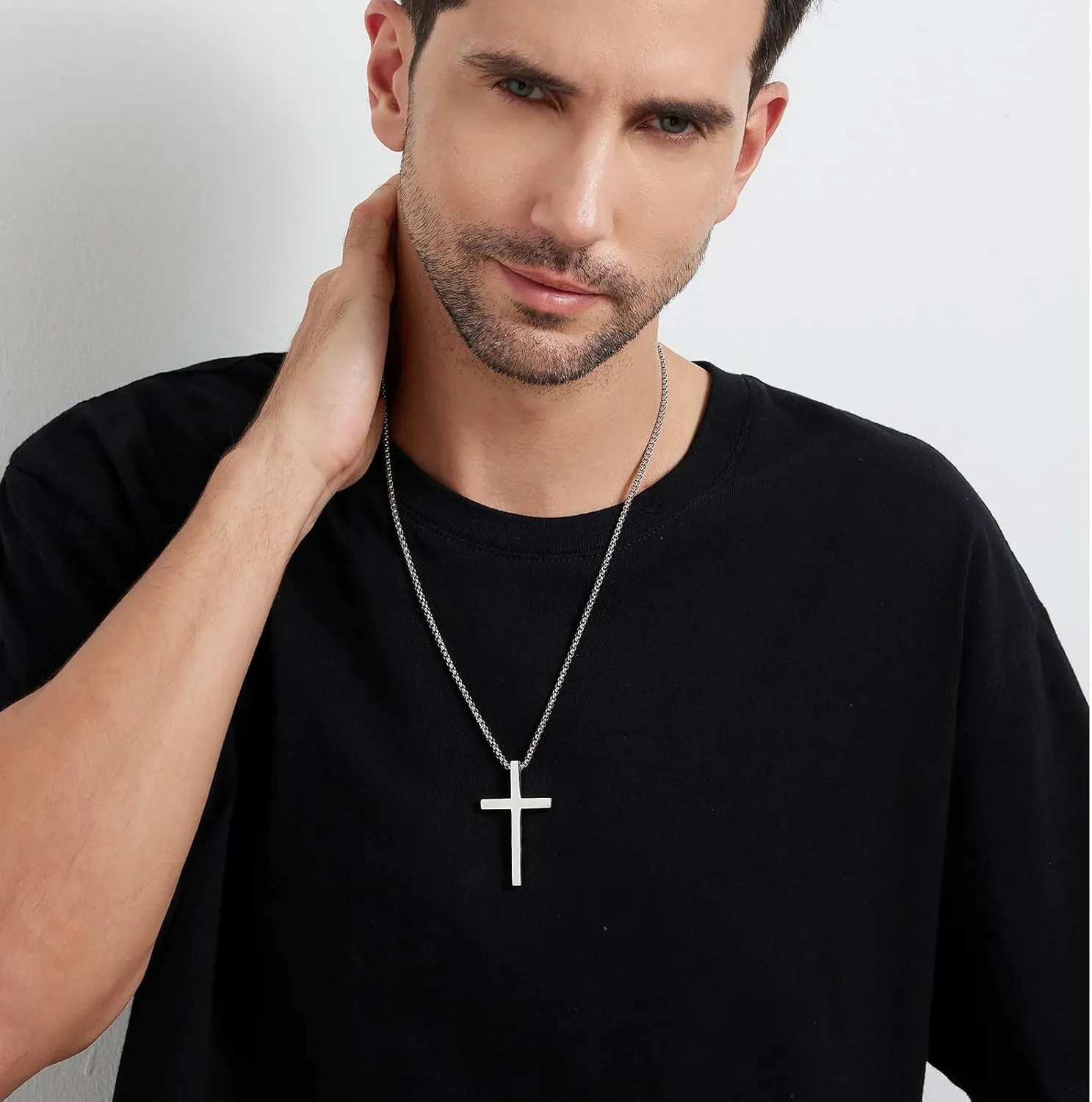 jiamiaoi Cross Necklace for Men Surgical Steel Mens Cross Necklace 316L Stainless Steel Cross Pendant Necklace in Color Silver/Black/Gold, Nickel Free Steel Cross Necklaces Chain 22In-26In