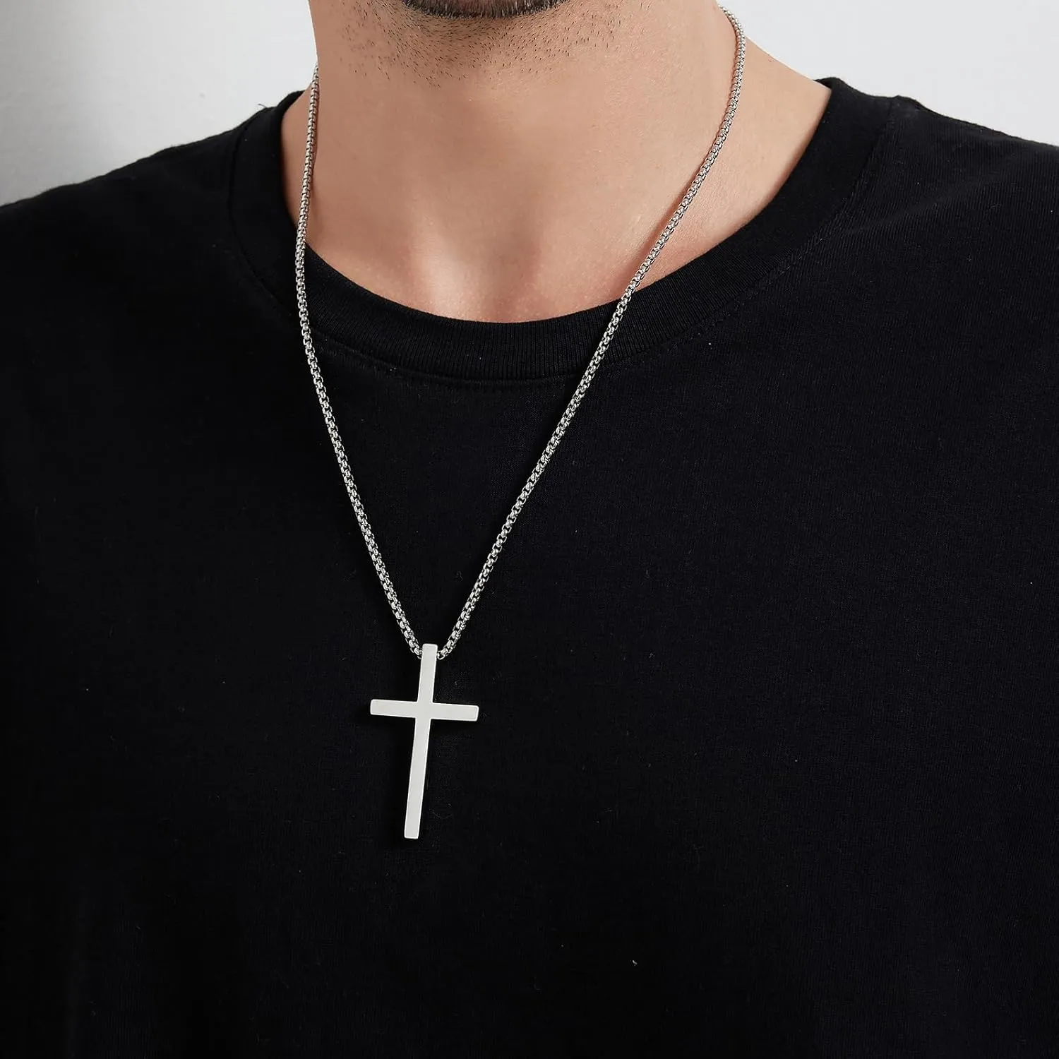 jiamiaoi Cross Necklace for Men Surgical Steel Mens Cross Necklace 316L Stainless Steel Cross Pendant Necklace in Color Silver/Black/Gold, Nickel Free Steel Cross Necklaces Chain 22In-26In