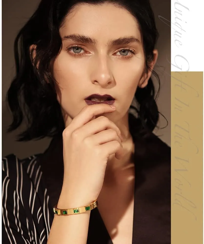 JINHUI Gold Bangles Bracelets for Women, 18K Gold Plated Green Emerald Birthstone Womens Bangle Bracelets 6.7 Elegant Vintage Casual Gift