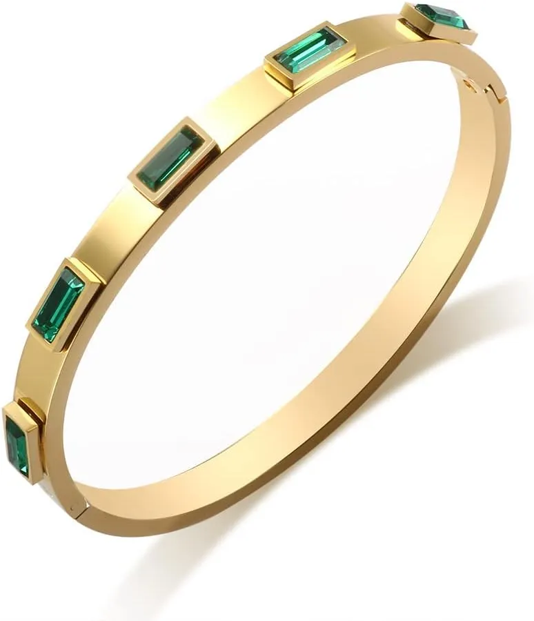 JINHUI Gold Bangles Bracelets for Women, 18K Gold Plated Green Emerald Birthstone Womens Bangle Bracelets 6.7 Elegant Vintage Casual Gift