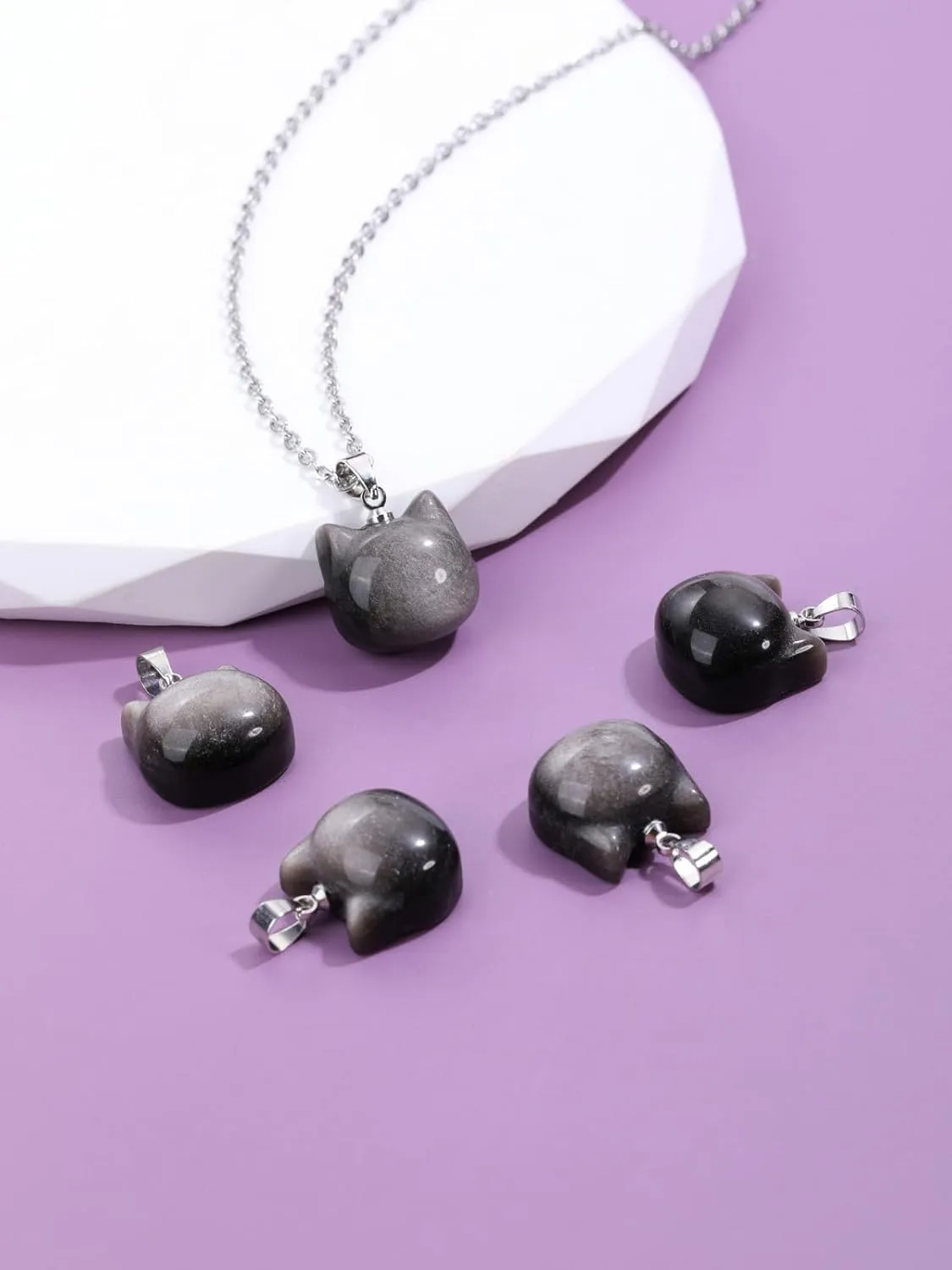 Jovivi Cat Gifts Necklace Natural Amethyst Rose Quartz Healing Crystal Stones Pendant Necklaces for Women Men Gemstone Mini Cute Animal Cat Jewelry Gifts