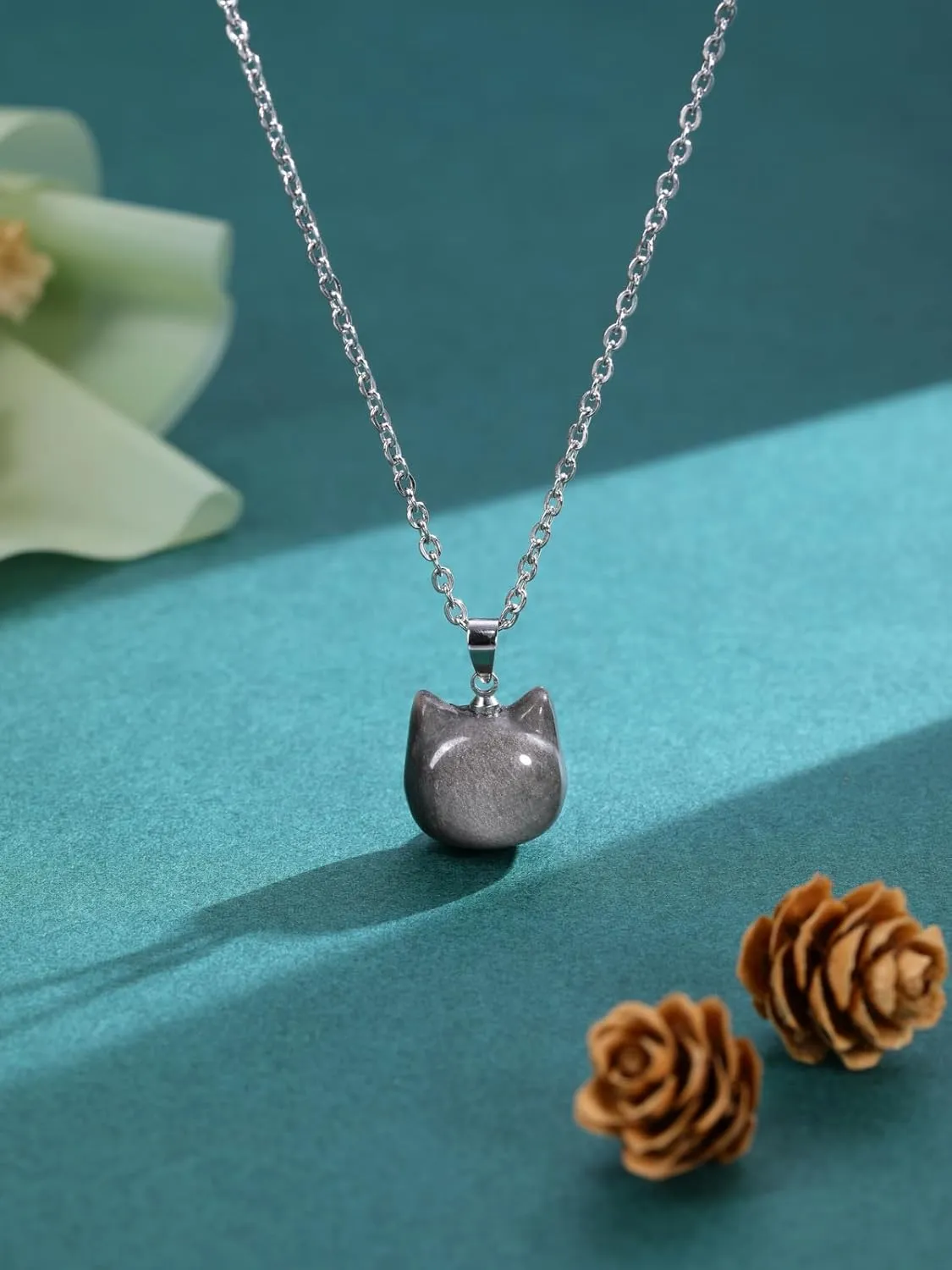 Jovivi Cat Gifts Necklace Natural Amethyst Rose Quartz Healing Crystal Stones Pendant Necklaces for Women Men Gemstone Mini Cute Animal Cat Jewelry Gifts