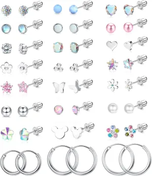 Jstyle 24 Pairs Hypoallergenic Screw Back Earrings for Girls Women Surgical Steel Tiny Heart Flower Flat Back Stud Earrings Cute Hoop Earrings Jewelry Set