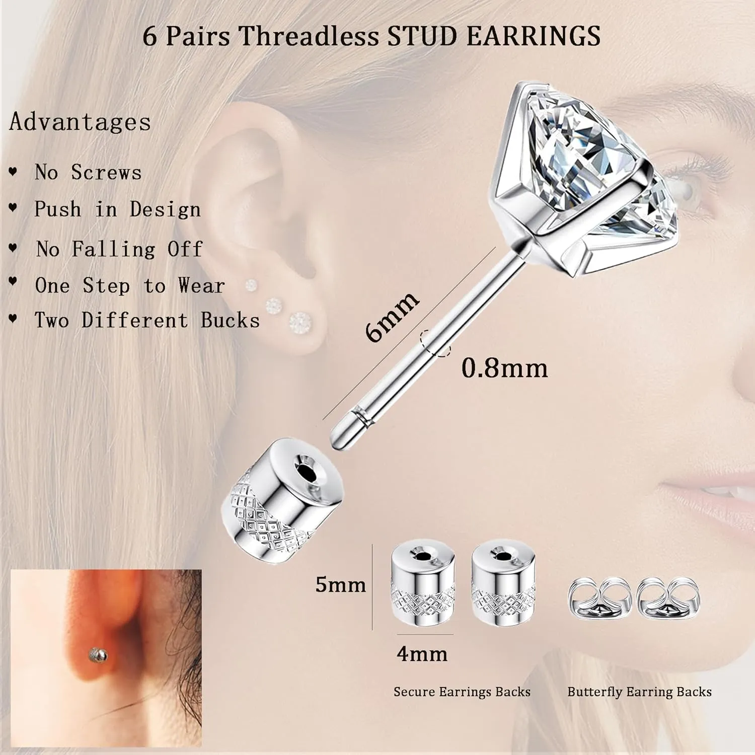 Jstyle Threadless Flat Back Earrings,Hypoallergenic Surgical Steel Earrings for Sensitive Ears, Cubic Zirconia Silver Stud Earrings Set for Cartilage