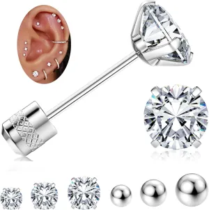 Jstyle Threadless Flat Back Earrings,Hypoallergenic Surgical Steel Earrings for Sensitive Ears, Cubic Zirconia Silver Stud Earrings Set for Cartilage
