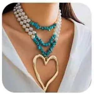 Jumwrit Boho Layered Turquoise Pearl Choker Necklace for Adult Women Dainty Chunky Chain Pearl Beaded Big Heart Pendant Necklace Vintage Party Long Necklace Statement 1920s Flapper Accessories