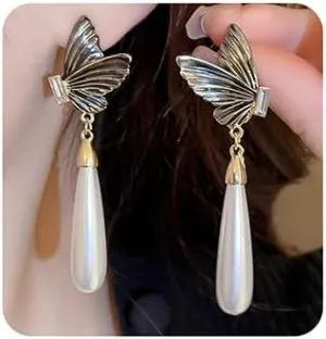 Jumwrit Boho Pearl Drop Dangle Earrings Shiny Rhinestone Butterfly Stud Earrings Vintage Golden Long Water Drop Earrings Statement Big White Teardrop Pearl Earrings for Women