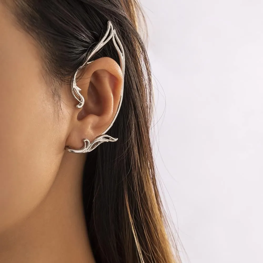 Jumwrit Elf Ear Cuffs - Elven Fairy Clip-on Earrings - Non-Piercing Cosplay Fantasy Cuff Wrap (Silver)