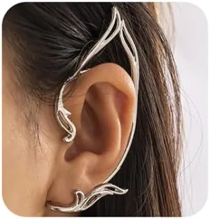 Jumwrit Elf Ear Cuffs - Elven Fairy Clip-on Earrings - Non-Piercing Cosplay Fantasy Cuff Wrap (Silver)
