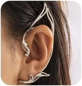 Jumwrit Elf Ear Cuffs - Elven Fairy Clip-on Earrings - Non-Piercing Cosplay Fantasy Cuff Wrap (Silver)
