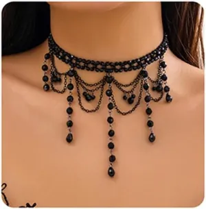 Jumwrit Gothic Black Lace Choker Necklace Shiny Crystal Tiny Chain Beaded Pendant Tassel Necklace Boho Vintage Halloween Party Costume Handmade Layered Thick Collar Necklace for Women (Style 1)
