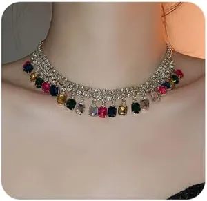 Jumwrit Sparkle Rhinestone Layered Choker Necklace Dainty Square Tassel Drop Pendant Necklace Statement Chunky Chain Tennis Necklace Trendy Prom Party Jewelry for Women Girls