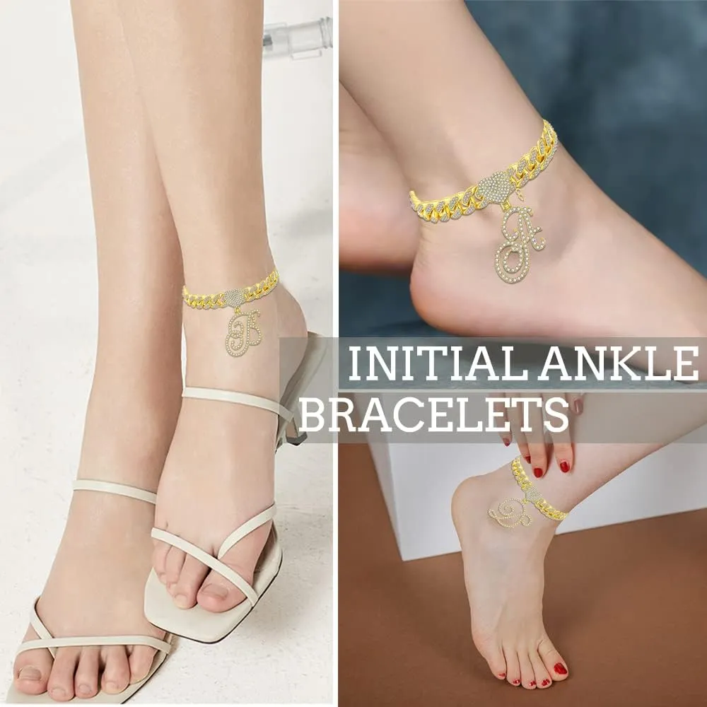 KAERUN 13mm Gold Cuban Link Anklets for Women Initial Letter Pendant Anklet Miami Cuban Link Chain Ankle Bracelets for Women Hip Hop Rhinestones Filled Cuban Ankle