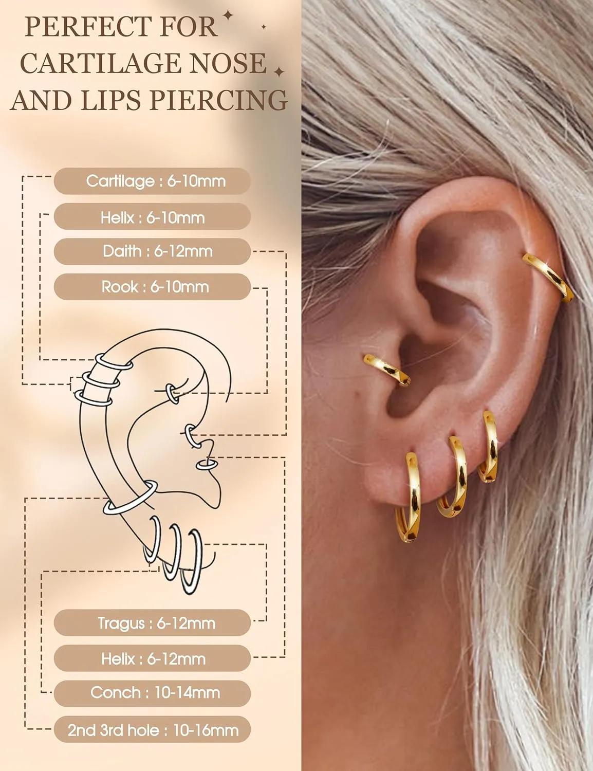 Kakonia 5 Pairs Small Sterling Silver Hoop Earrings Set for Women, 18k Gold Plated Huggie Hoop Earrings, Lightweight Hoop Earrings for Women Hypoallergenic, Cartilage Earring Sets for Multiple Piercing