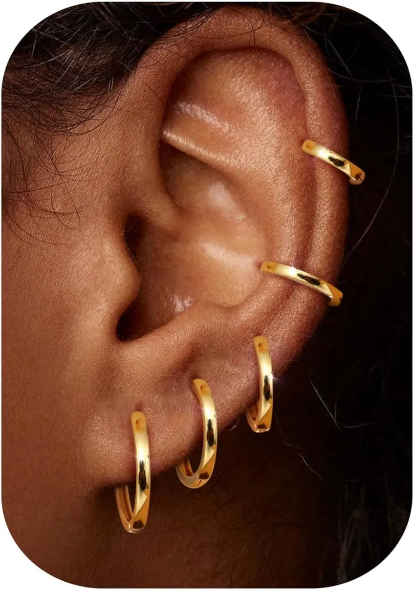 Kakonia 5 Pairs Small Sterling Silver Hoop Earrings Set for Women, 18k Gold Plated Huggie Hoop Earrings, Lightweight Hoop Earrings for Women Hypoallergenic, Cartilage Earring Sets for Multiple Piercing