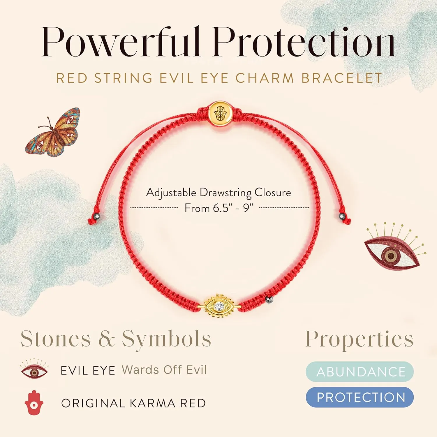 KARMA AND LUCK Powerful Protection, Red String Bracelet & Evil Eye Charm for Women with Genuine Gemstone, Size 5.5"-7.5