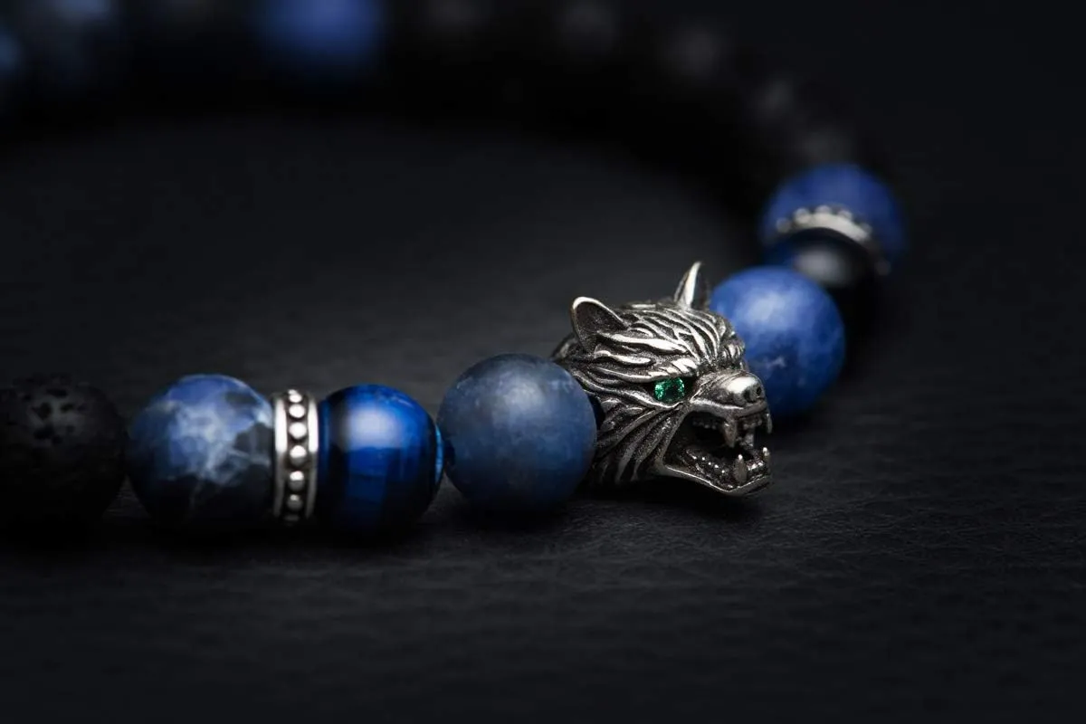 Karseer Viking Wolf Head Charm Healing Crystal Stress Relief Energy Stone Beaded Bracelet