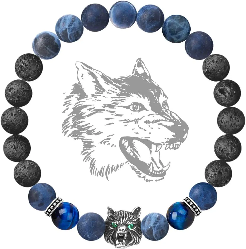 Karseer Viking Wolf Head Charm Healing Crystal Stress Relief Energy Stone Beaded Bracelet