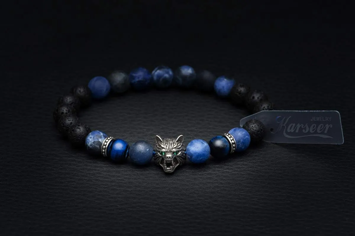 Karseer Viking Wolf Head Charm Healing Crystal Stress Relief Energy Stone Beaded Bracelet