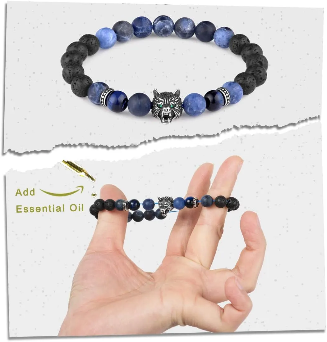 Karseer Viking Wolf Head Charm Healing Crystal Stress Relief Energy Stone Beaded Bracelet