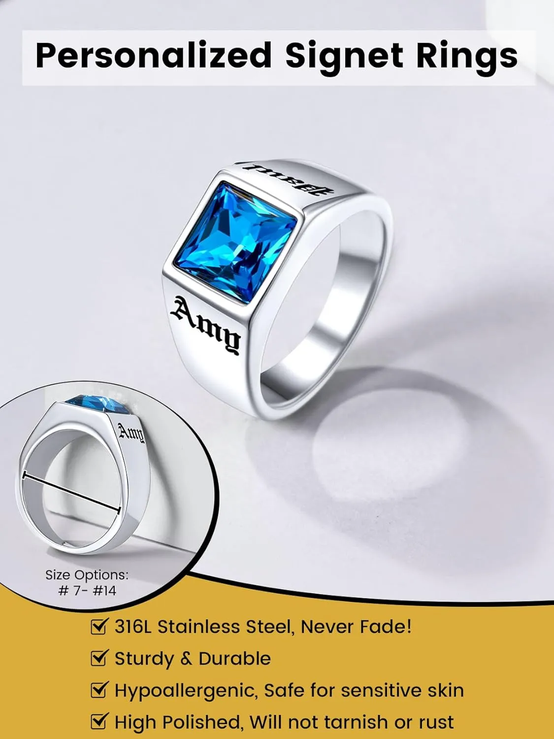 KeyStyle Personalized Signet Rings for Men, Stainless Steel Custom Engraved Photo Gemstone Pinky Ring for Women, Cool Ring Biker Rings Gifts for Father Husband
