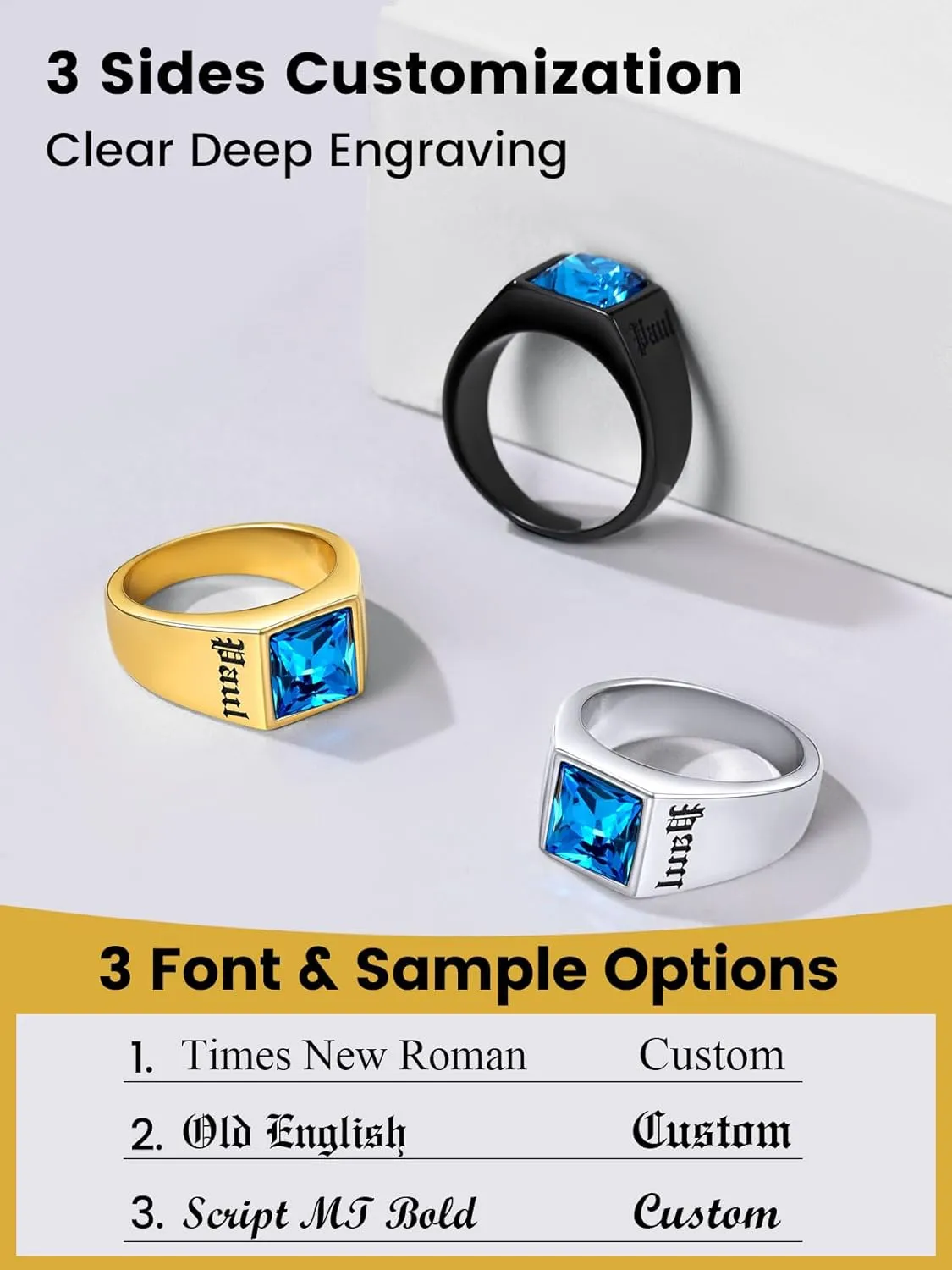 KeyStyle Personalized Signet Rings for Men, Stainless Steel Custom Engraved Photo Gemstone Pinky Ring for Women, Cool Ring Biker Rings Gifts for Father Husband
