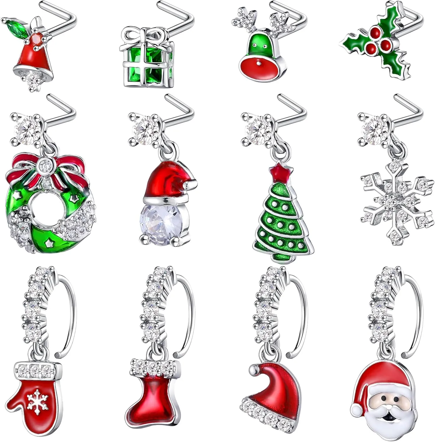 Kigeli 12 Pcs Christmas Dangle Nose Ring Stud L Shaped Santa Bell Snowflake Nose Rings Studs Dangling Nose Piercing Jewelry for Women