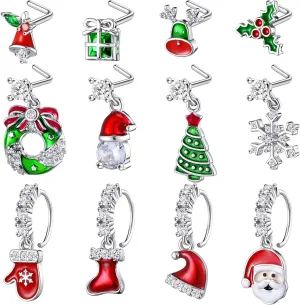 Kigeli 12 Pcs Christmas Dangle Nose Ring Stud L Shaped Santa Bell Snowflake Nose Rings Studs Dangling Nose Piercing Jewelry for Women