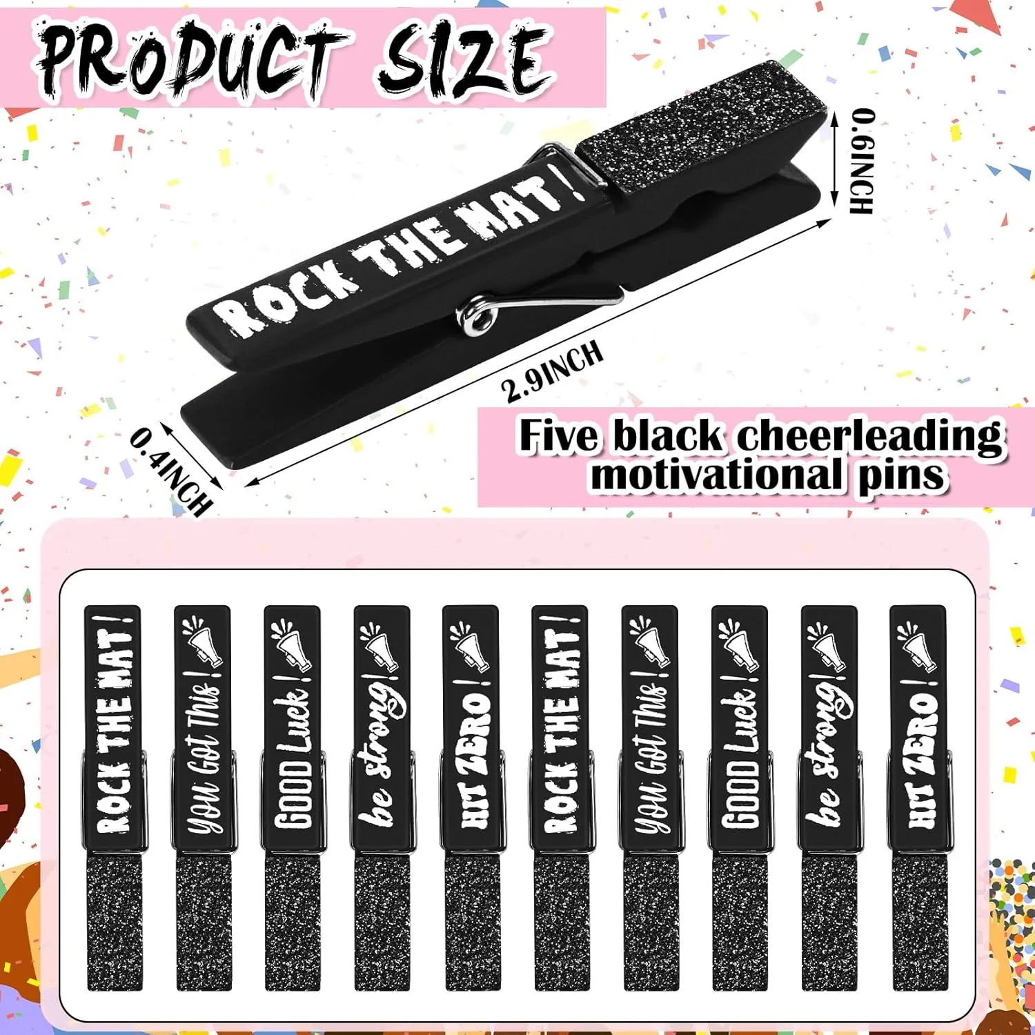 Kigeli 30 Pcs Spirit Clips Cheer Pins Cheerleader Gifts Clothes Pins for Backpacks Competition Glittered for Team Cheer Gifts Stuff Supplies Party Favors Accessories Bulk(Black,Shiny)