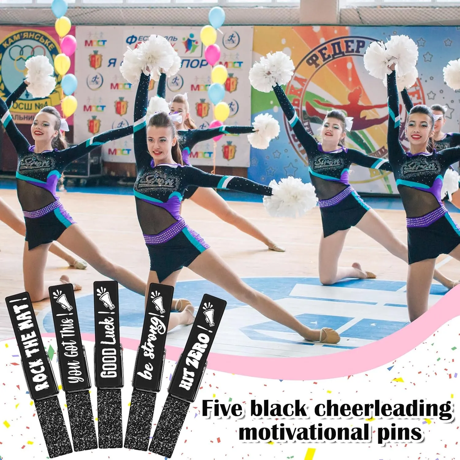 Kigeli 30 Pcs Spirit Clips Cheer Pins Cheerleader Gifts Clothes Pins for Backpacks Competition Glittered for Team Cheer Gifts Stuff Supplies Party Favors Accessories Bulk(Black,Shiny)