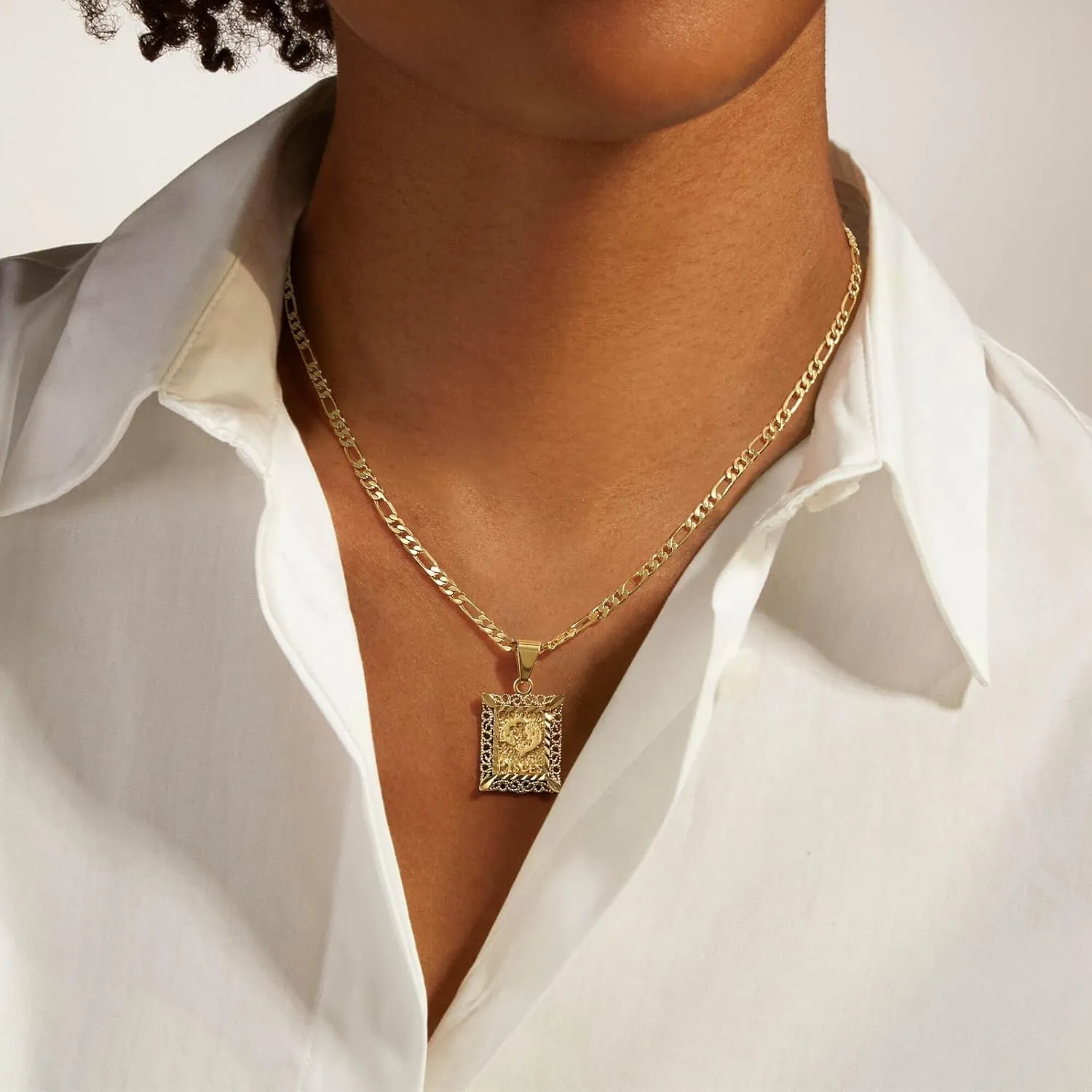 KissYan Zodiac Pendant Necklace for Women Men, 14K Gold Plated Square Constellation Sign Horoscope Figaro Chain Jewelry Birthday Gift