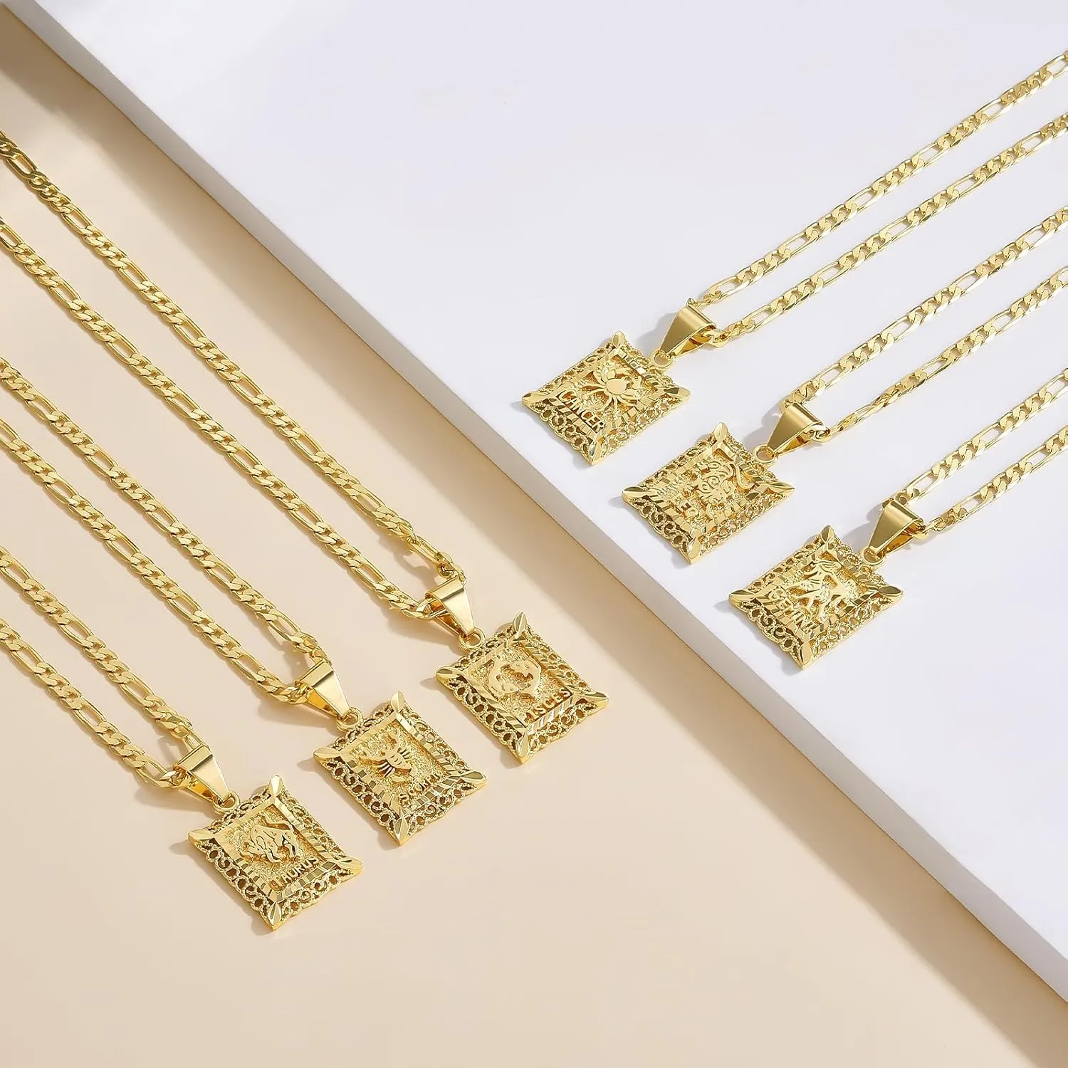 KissYan Zodiac Pendant Necklace for Women Men, 14K Gold Plated Square Constellation Sign Horoscope Figaro Chain Jewelry Birthday Gift