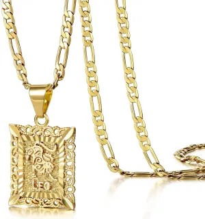KissYan Zodiac Pendant Necklace for Women Men, 14K Gold Plated Square Constellation Sign Horoscope Figaro Chain Jewelry Birthday Gift