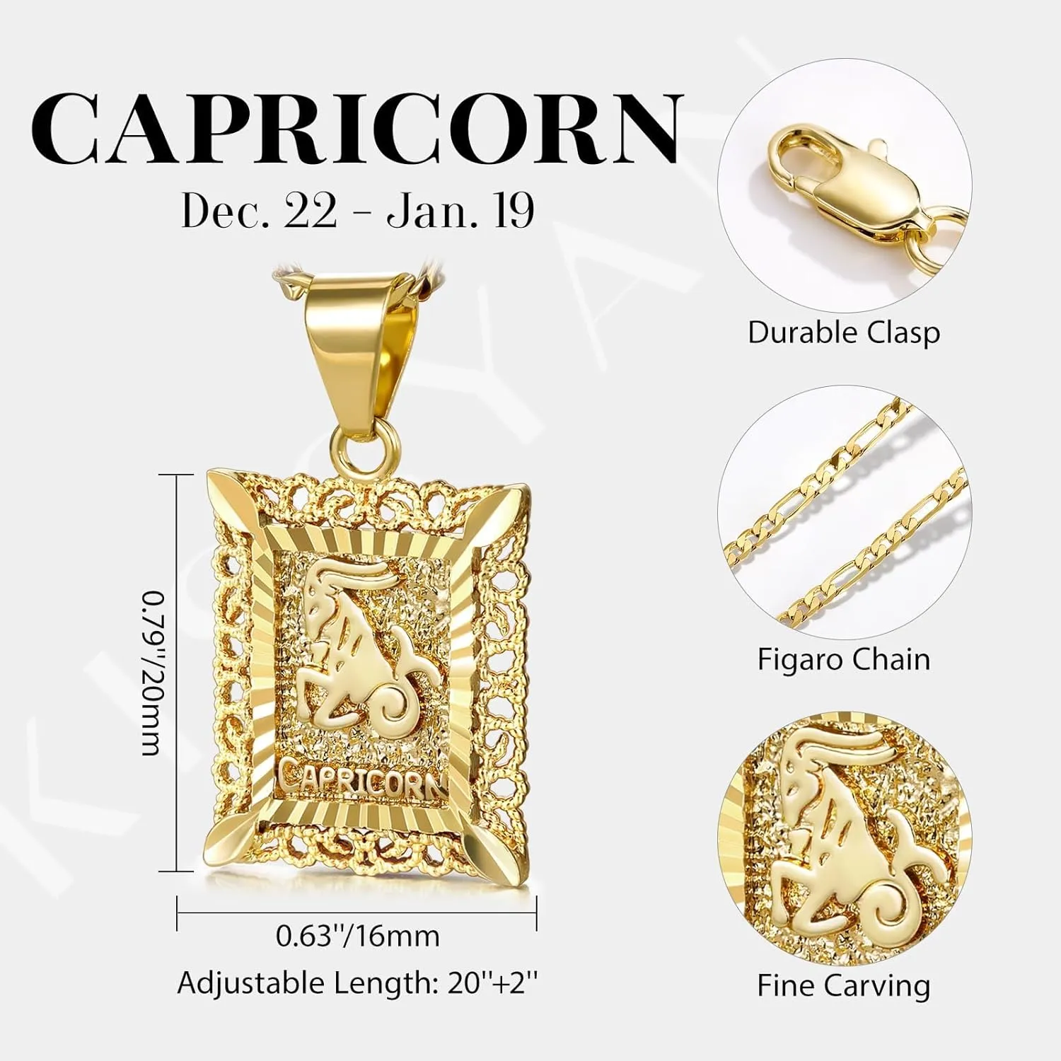 KissYan Zodiac Pendant Necklace for Women Men, 14K Gold Plated Square Constellation Sign Horoscope Figaro Chain Jewelry Birthday Gift