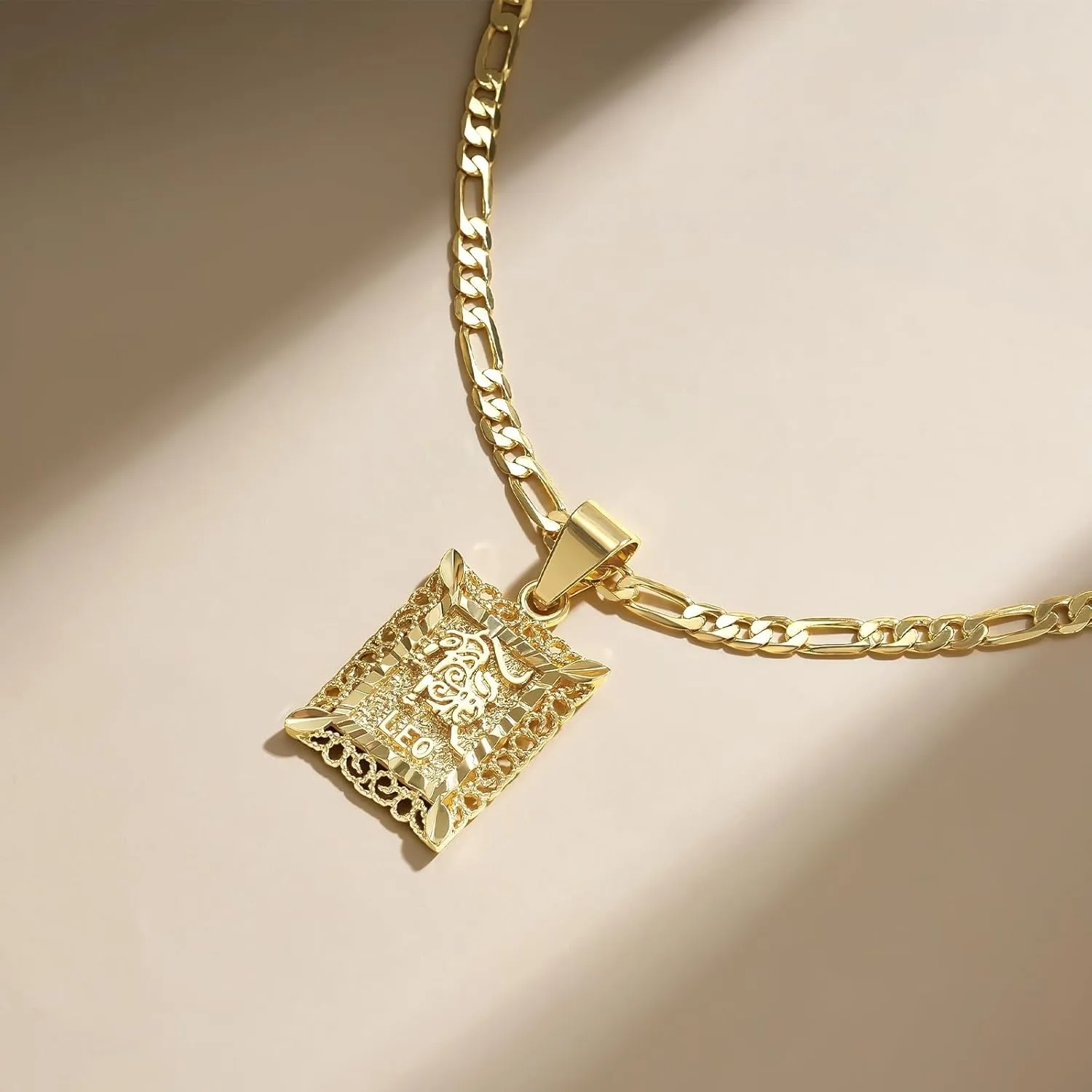 KissYan Zodiac Pendant Necklace for Women Men, 14K Gold Plated Square Constellation Sign Horoscope Figaro Chain Jewelry Birthday Gift