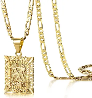 KissYan Zodiac Pendant Necklace for Women Men, 14K Gold Plated Square Constellation Sign Horoscope Figaro Chain Jewelry Birthday Gift