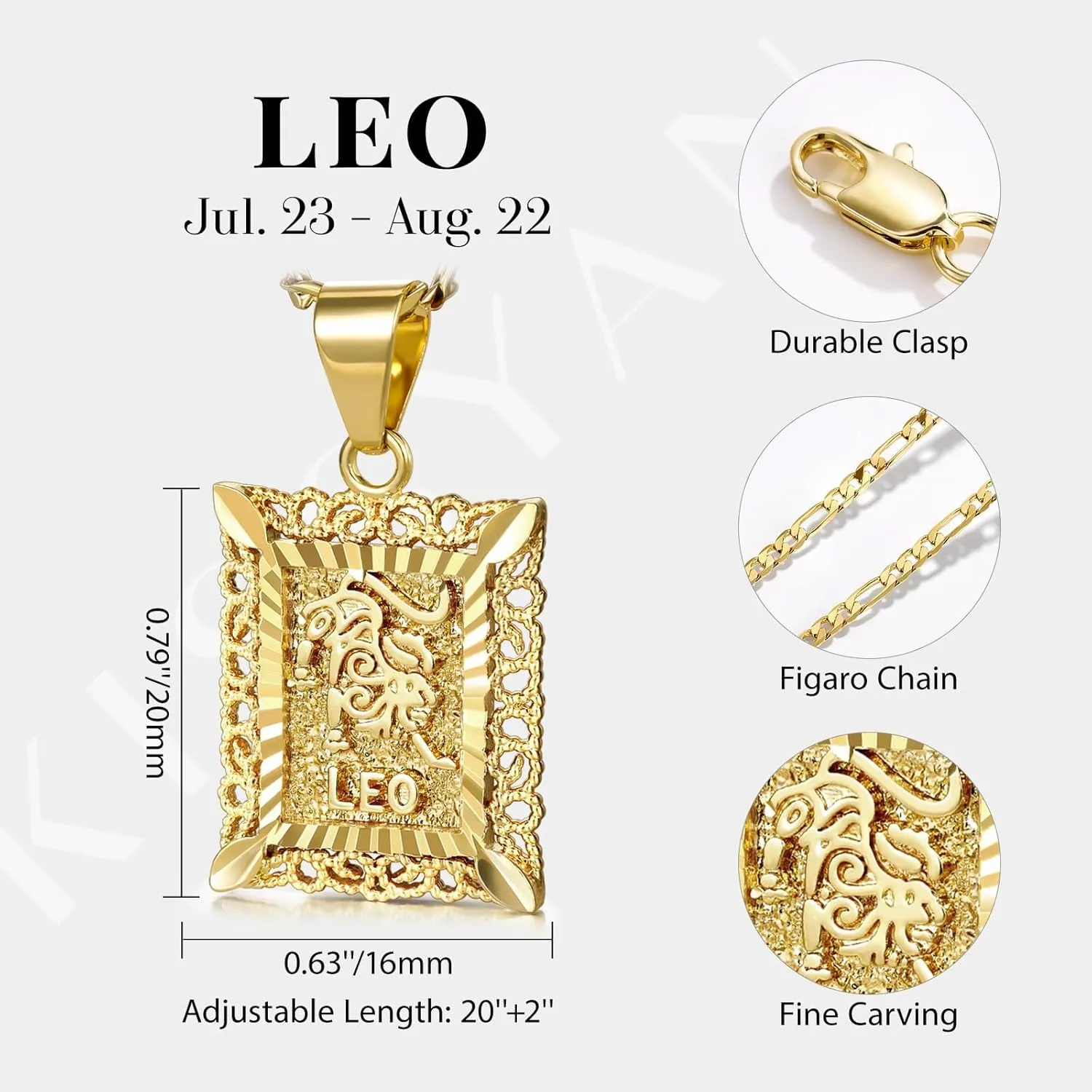 KissYan Zodiac Pendant Necklace for Women Men, 14K Gold Plated Square Constellation Sign Horoscope Figaro Chain Jewelry Birthday Gift