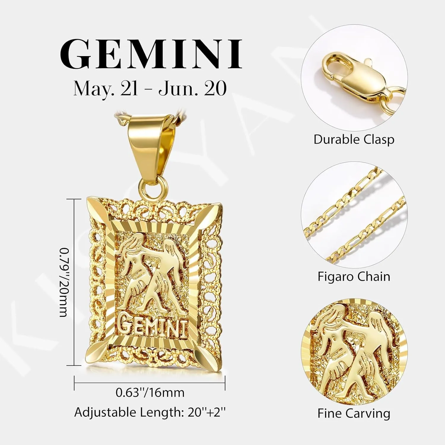 KissYan Zodiac Pendant Necklace for Women Men, 14K Gold Plated Square Constellation Sign Horoscope Figaro Chain Jewelry Birthday Gift
