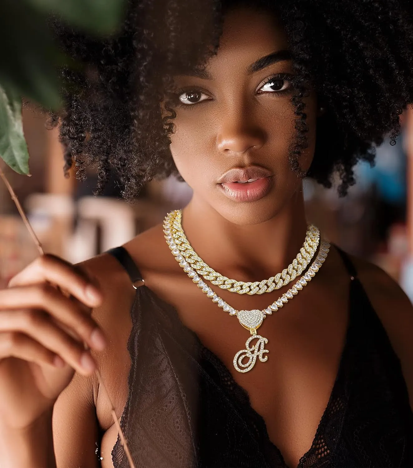 KOHOTA Cursive Silver Initial Pendant Necklace for Women Miami Cuban Link Chain Layered Heart Shape Bling Diamond Iced Out Chain Pendant Necklace Hip Hop Jewelry Gift 2PCS Chains