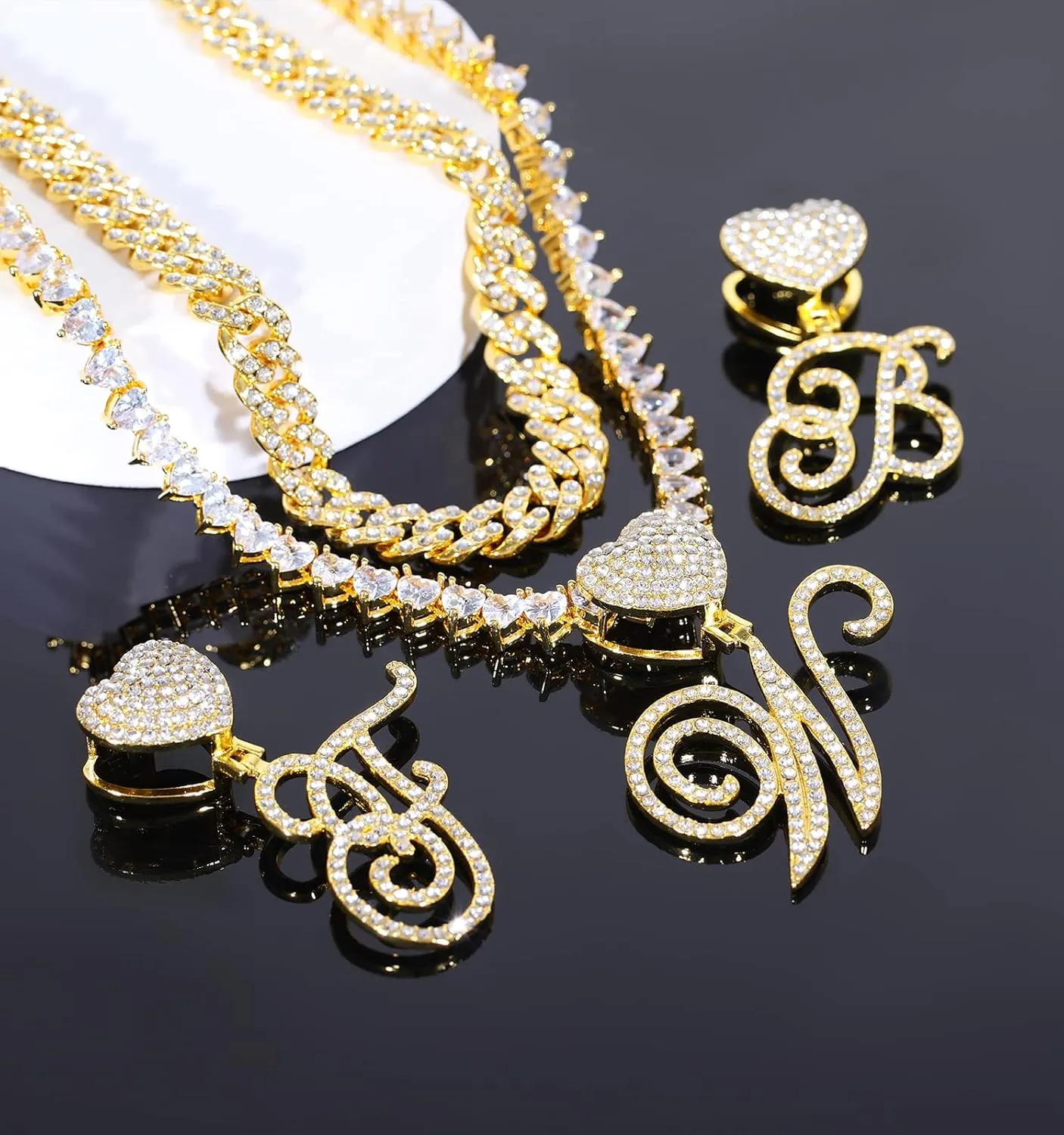 KOHOTA Cursive Silver Initial Pendant Necklace for Women Miami Cuban Link Chain Layered Heart Shape Bling Diamond Iced Out Chain Pendant Necklace Hip Hop Jewelry Gift 2PCS Chains