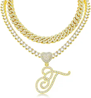 KOHOTA Cursive Silver Initial Pendant Necklace for Women Miami Cuban Link Chain Layered Heart Shape Bling Diamond Iced Out Chain Pendant Necklace Hip Hop Jewelry Gift 2PCS Chains